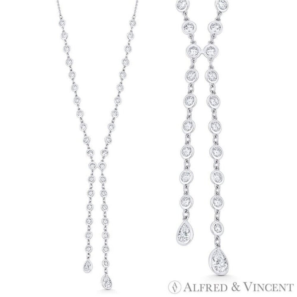 CZ Crystal Multi-Bezel Negligee Solid .925 Sterling Silver w/ Rhodium Y-Necklace